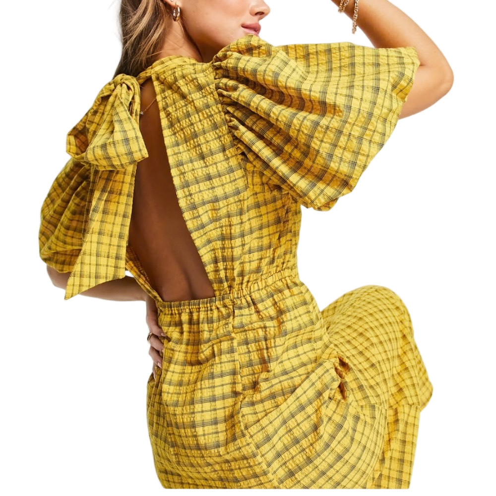 NWT Selected Femme Denmark yellow check puff sleeve open back midi maxi dress 36
